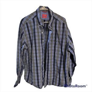 Mens blue plaid button down shirt xxl slim fit izod